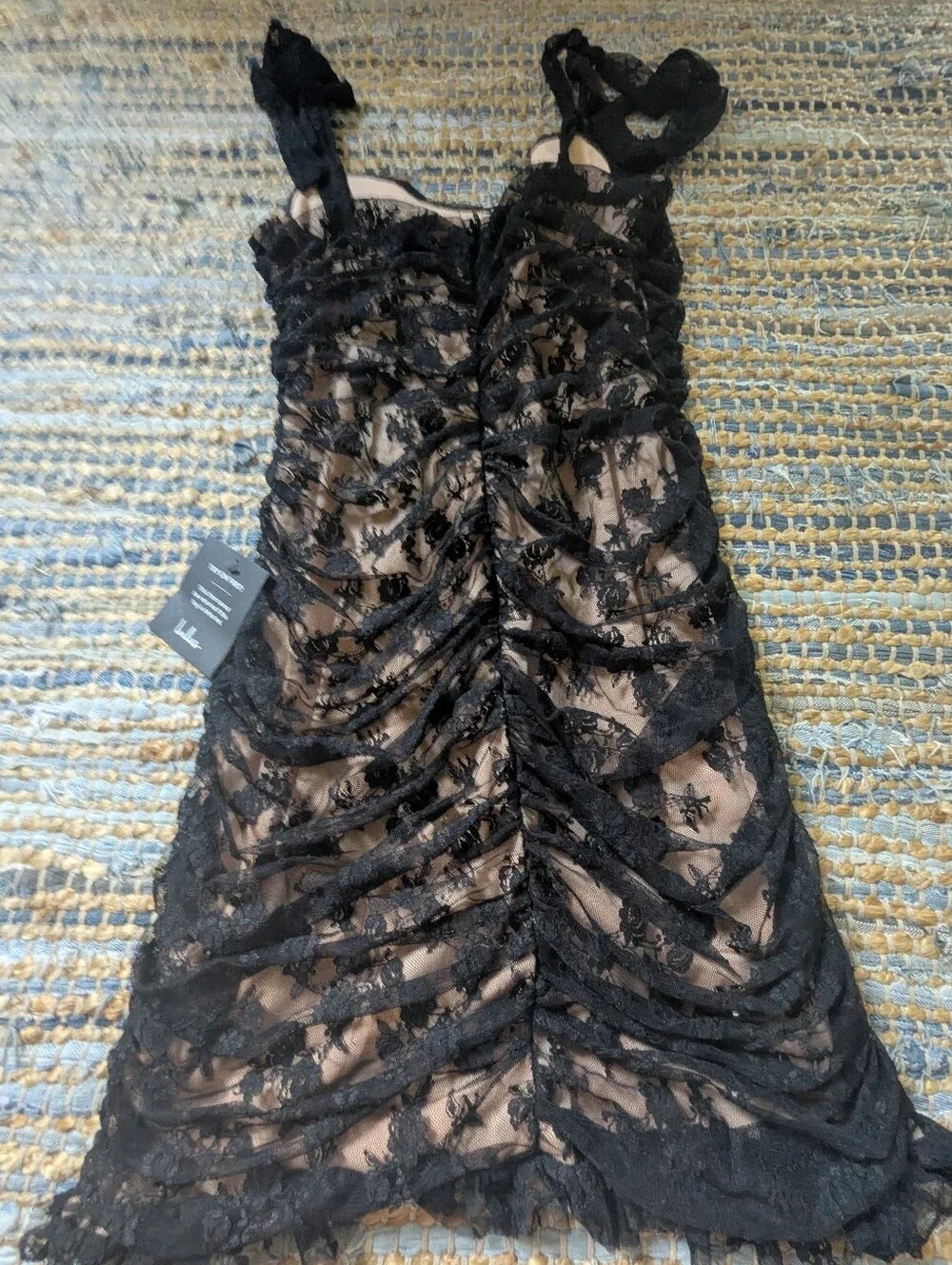 NWT Lulus Black Nude Lace Ruched Mesh Mini Dress M Sheer Goth Coquette 90s Vamp - Picture 7 of 11